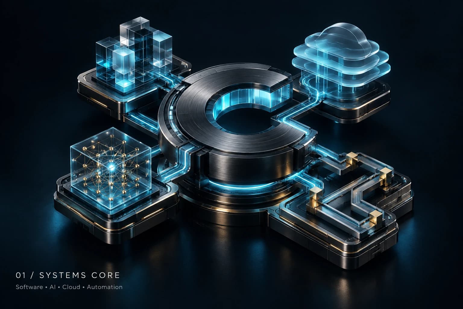 COLBRYAN's connected technology ecosystem: a cyan-lit C linking software, artificial intelligence, cloud and automation modules.